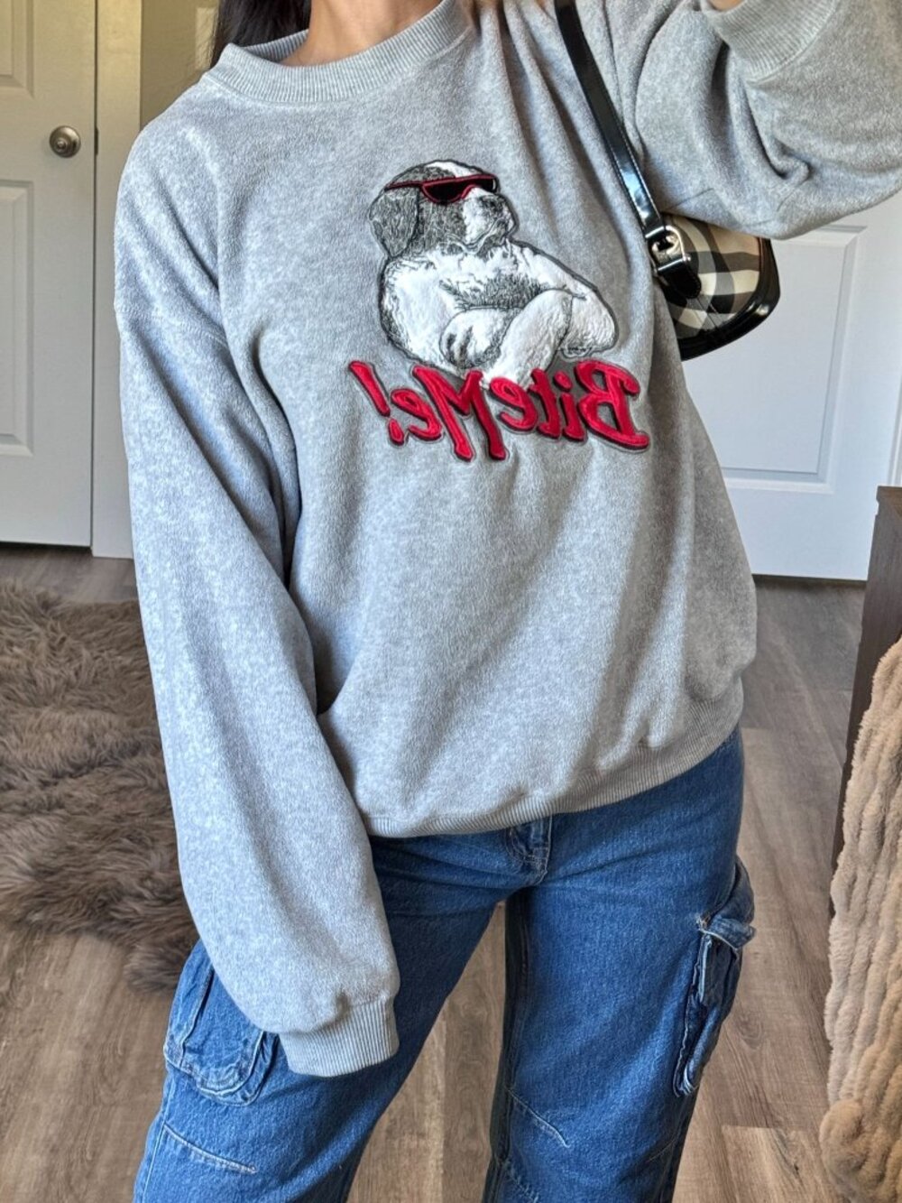 Vintage 90s Polar Dogs Gray 'Bite Me' Fleece Sweater Medium Big Dogs Embroidered - Picture 3 of 6